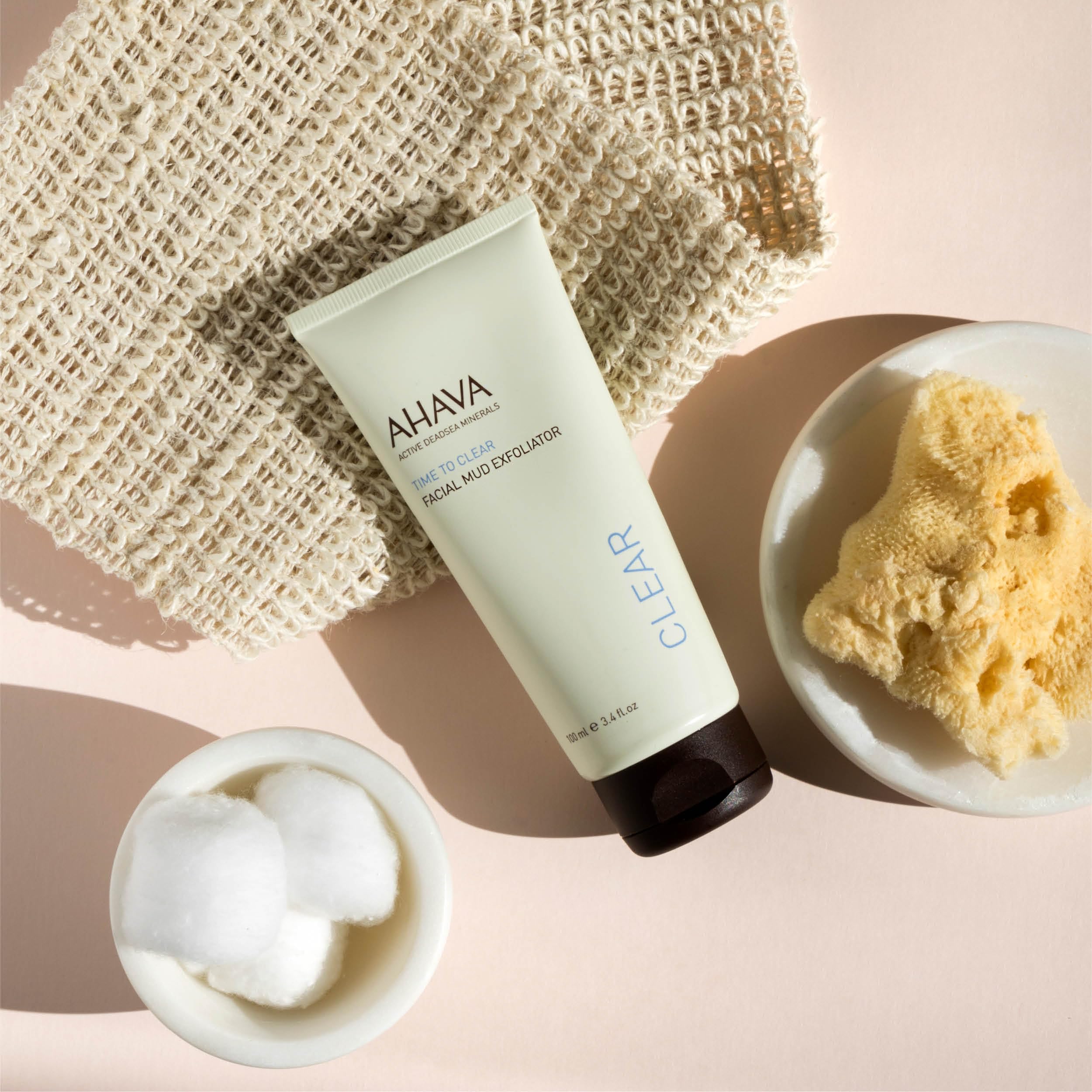 AHAVA Time To Clear Facial Mud Exfoliator - Gentle mud-based scrub to purify, exfoliate & fresh the skin, unveils radiant, boosts skincare absorption, with Osmoter, Vitamin E & Dead Sea Mud, 3.4 Fl.Oz